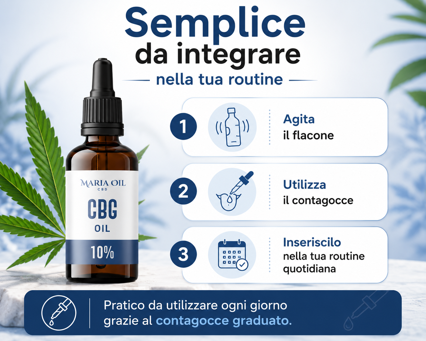 Infografica che mostra come utilizzare l'Olio CBG 10% Maria CBD Oil in tre semplici passaggi: agitare il flacone, utilizzare il contagocce e integrarlo nella routine quotidiana.