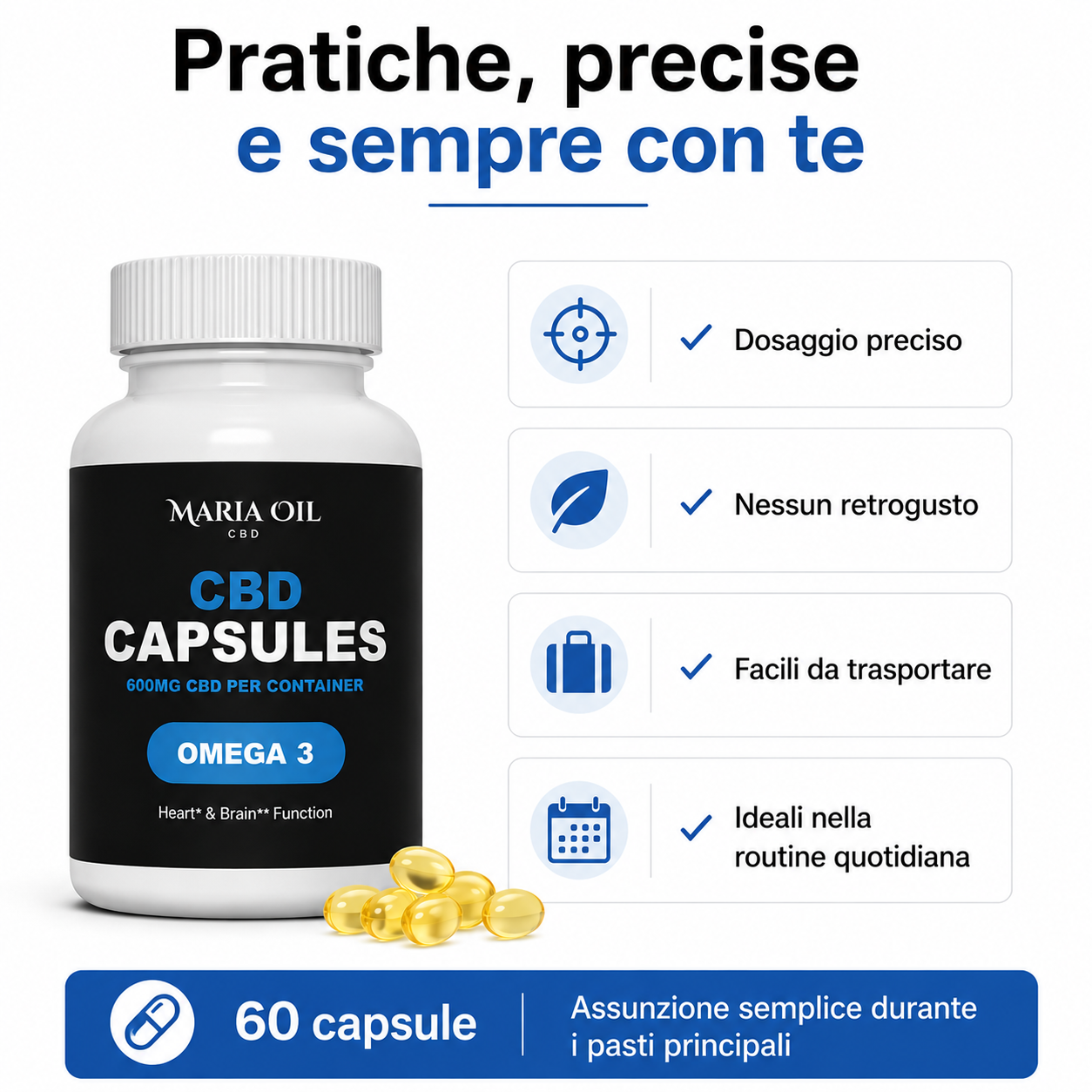 Infografica delle Capsule CBD con Omega 3 Maria Oil che evidenzia i principali vantaggi: dosaggio preciso, nessun retrogusto, pratiche da trasportare e ideali per la routine quotidiana.